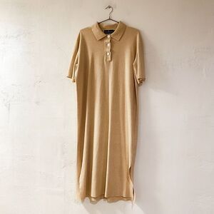 Pomander Place Collared Short Sleeve Shirt Maxi Dress in Beige Large